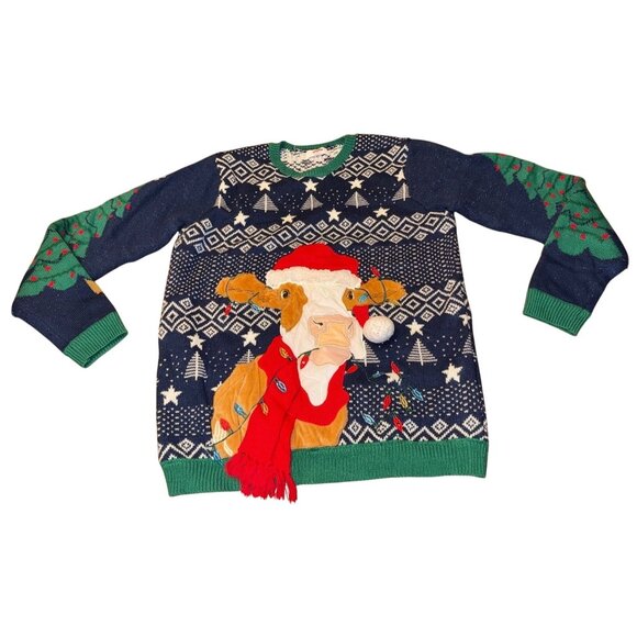 Holiday Time Other - Ugly Christmas Sweater Cow Holiday Knit Pullover With Lights & Santa Hat